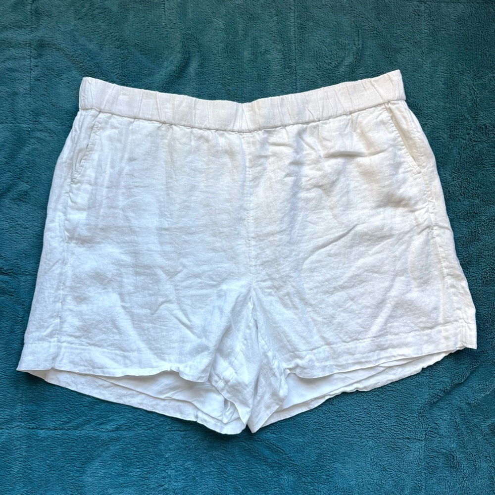 J Crew Linen Shorts 3X Beige Pockets Pull On Elastic Coastal Beach Minimalist